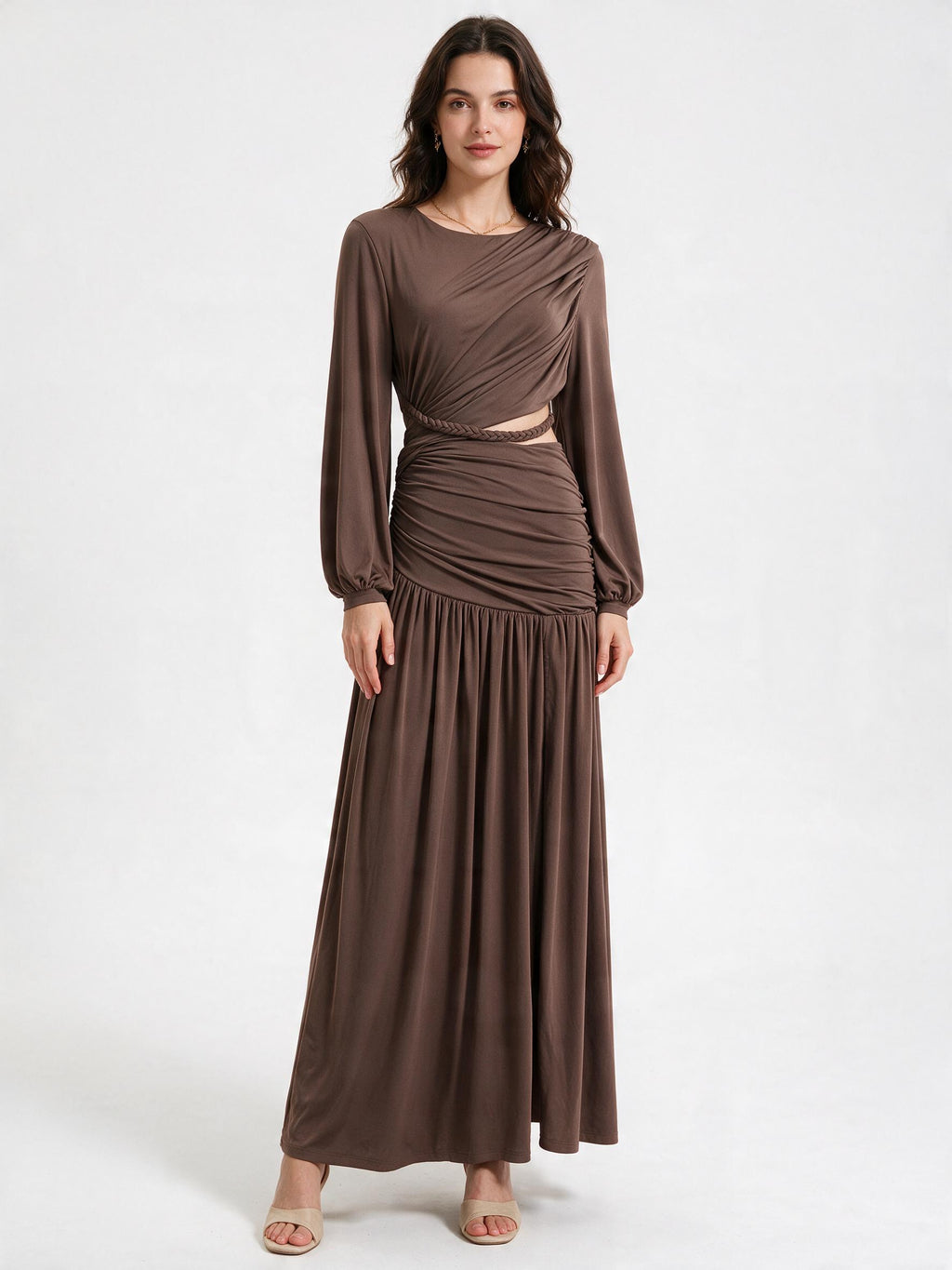 Ruched Long-Sleeve Maxi Dress with Cutout Detail