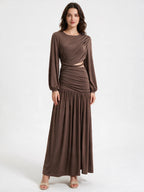 Ruched Long-Sleeve Maxi Dress with Cutout Detail