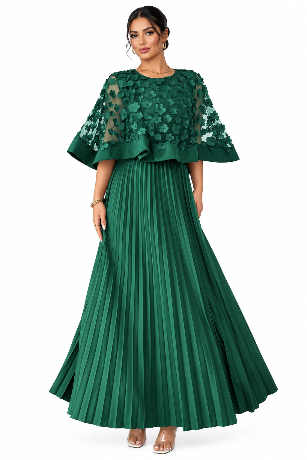 Plus Size Round-Neck Mesh Cape-Spliced Midi Dress – Women's Elegant Business Casual Dress