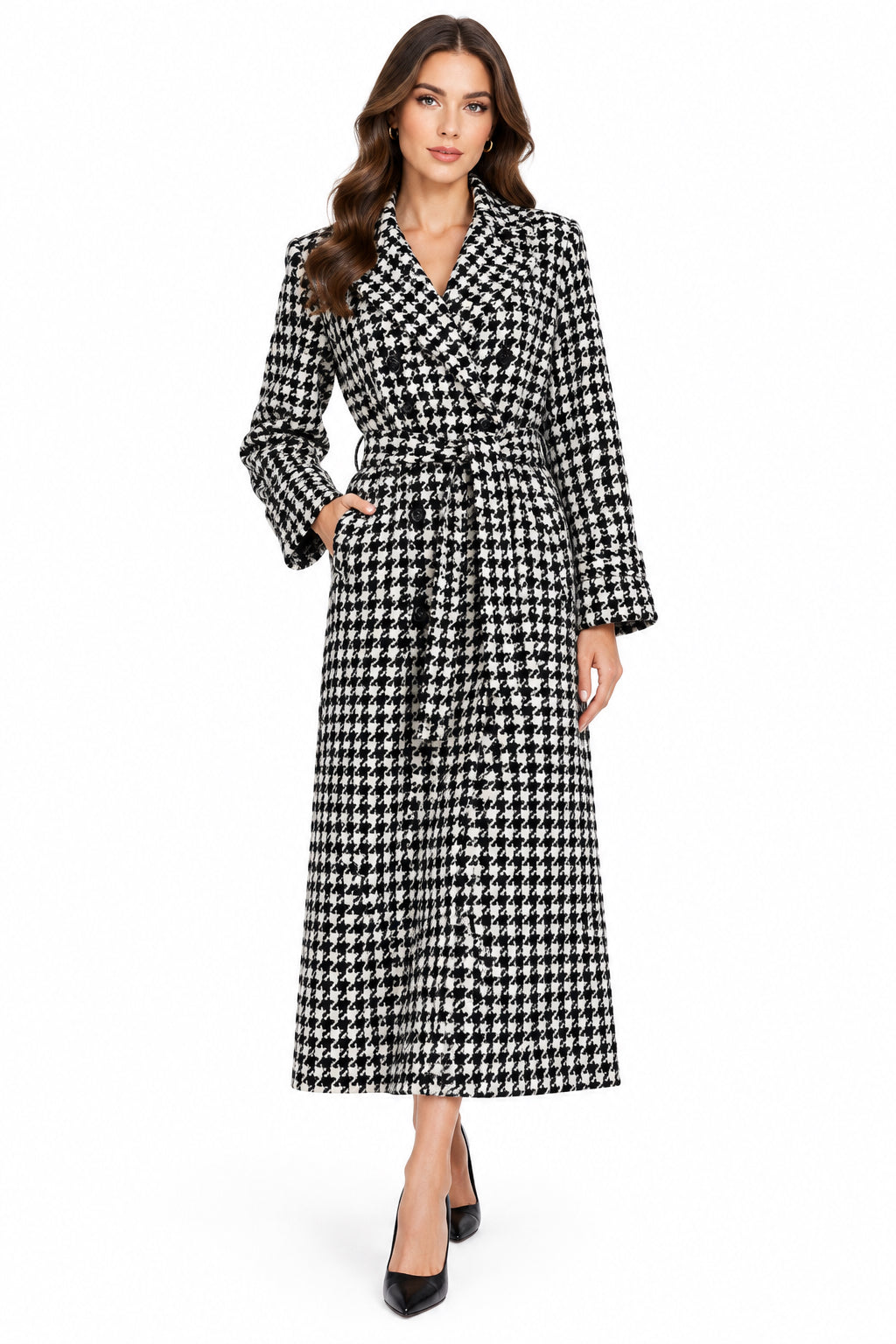 Houndstooth Suit-Collar Extra-Long Coat – Women's Classic Black Trench Coat