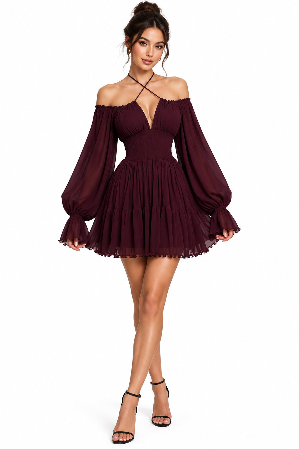V-Neck Cross-Tie Mesh Long Sleeve High-Waist Flared Mini Dress – Women's Sweet Vacation Dress