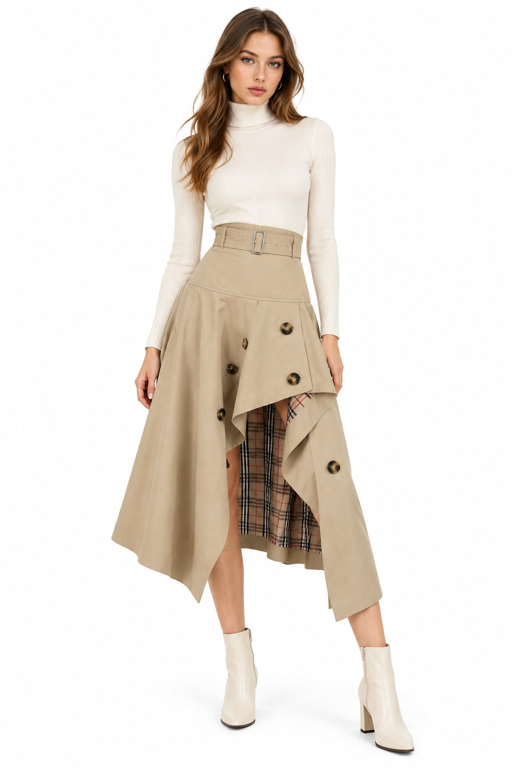 High-Waist Elastic-Waist Spliced A-Line Flared Midi Skirt – Women's Casual Everyday Skirt
