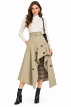 High-Waist Elastic-Waist Spliced A-Line Flared Midi Skirt – Women's Casual Everyday Skirt