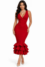 V-Neck Sleeveless Ruched Flared Maxi Dress – Women's Elegant Slim-Fit Evening Dress