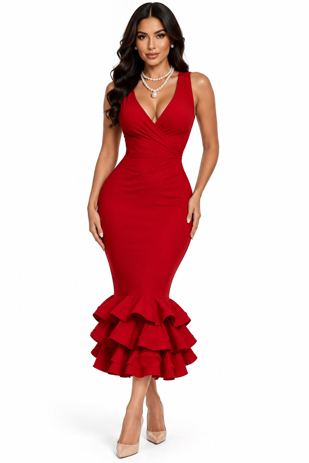 V-Neck Sleeveless Ruched Flared Maxi Dress – Women's Elegant Slim-Fit Evening Dress
