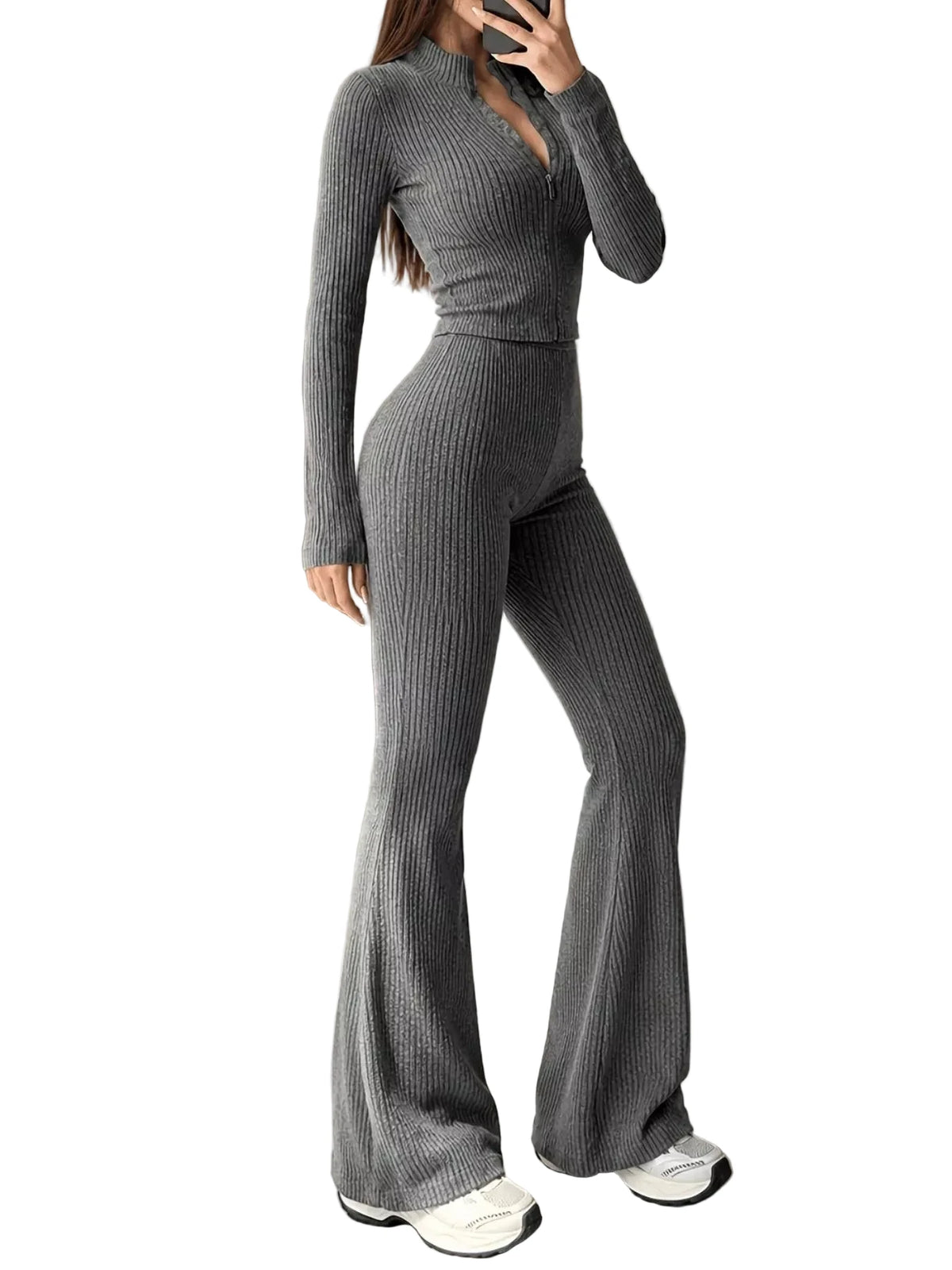 Ribbed Zip-Up Cardigan and Pants Knit Set in Gray