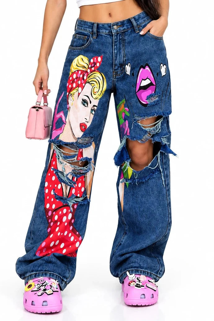 Full Size Art Print Distressed Wide-Leg Jeans Plus Size