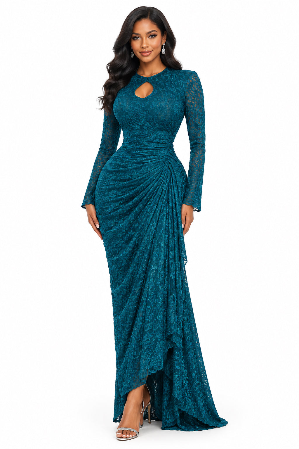 Jacquard Maxi Dress – Long Sleeve Ruched Bodycon with Tie Ribbon