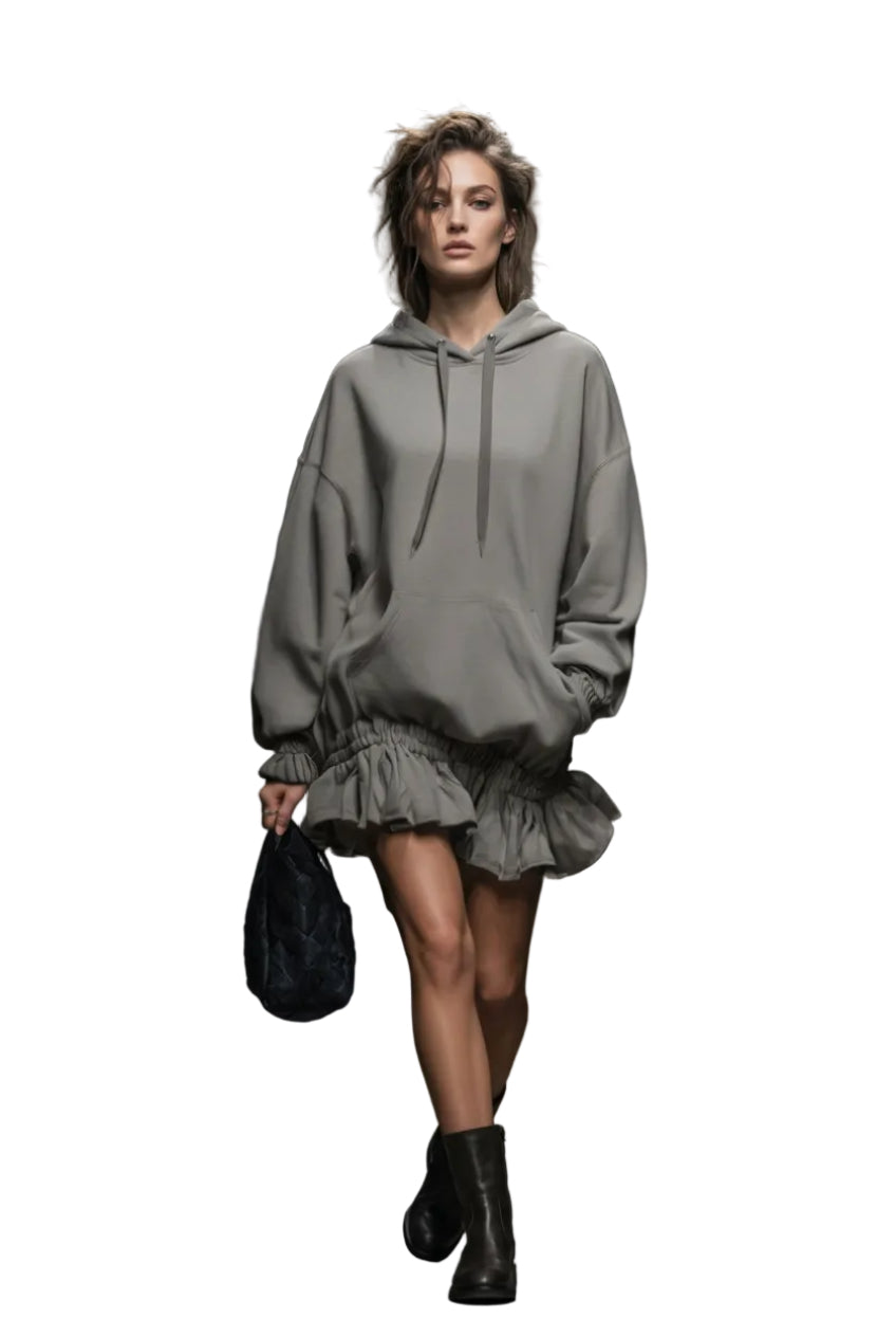 Gray Hooded Ruffle-Hem Mini Sweatshirt Dress – view 4