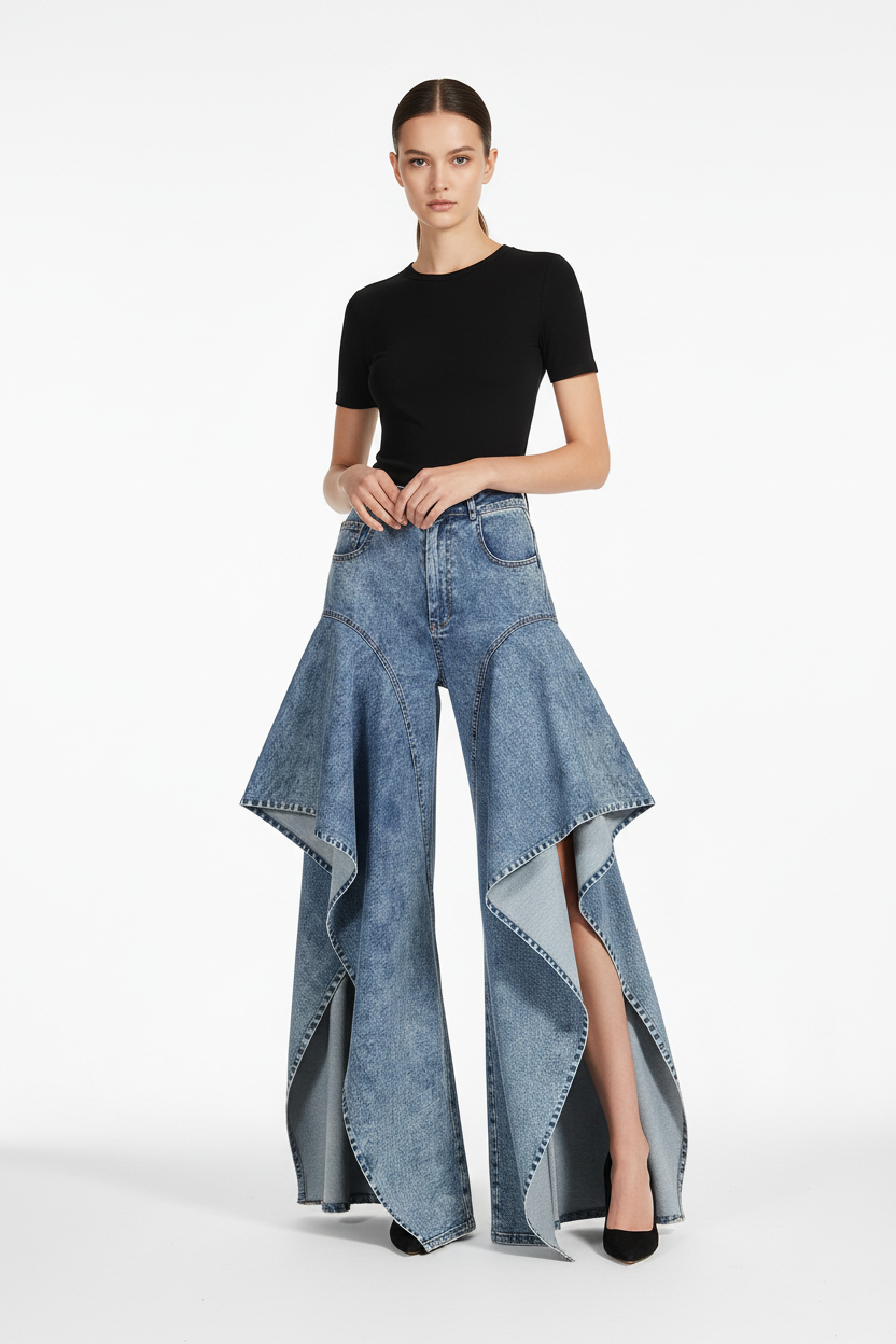 Vintage Washed Denim Asymmetric Ruffle Flare Wide Leg Pants