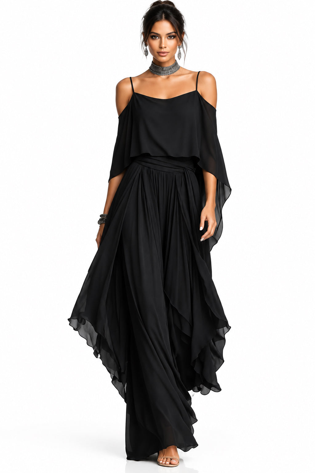 Gray Chiffon Off-Shoulder Cami & Wide-Leg Pants Set in Black