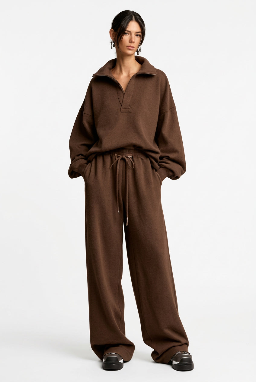 Relaxed Collared Top & Drawstring Straight-Leg Pants Set in Dark Brown