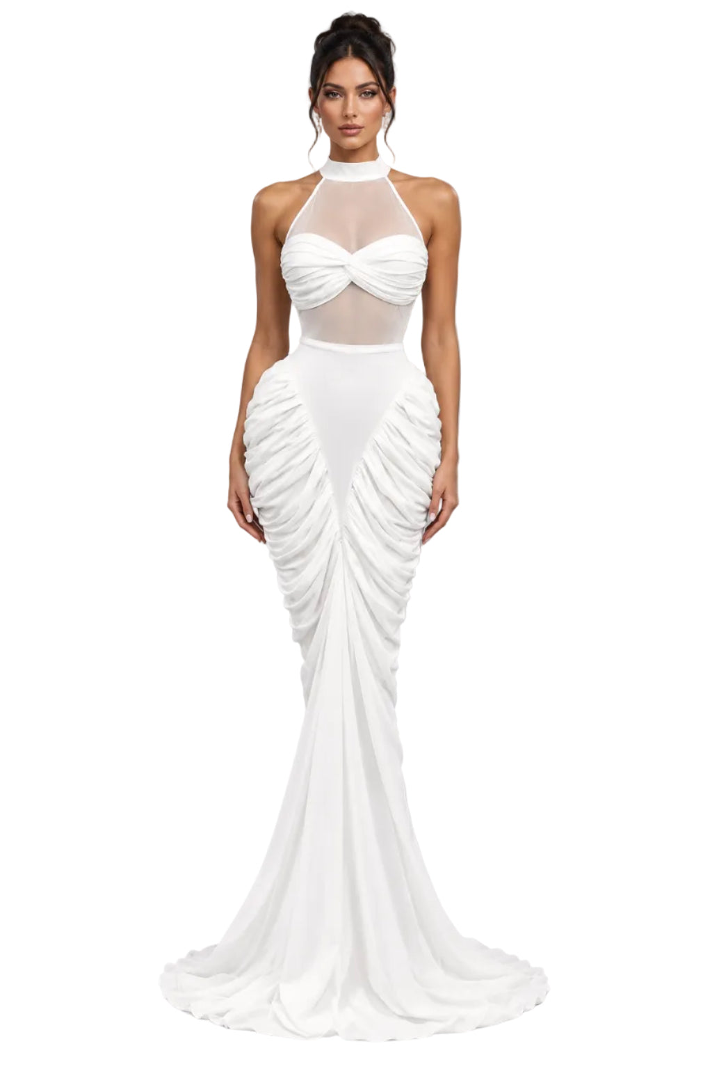 Round Neck Pleated Mesh Long Sleeve Slim-Fit Maxi Dress – Women's Elegant Evening Gown