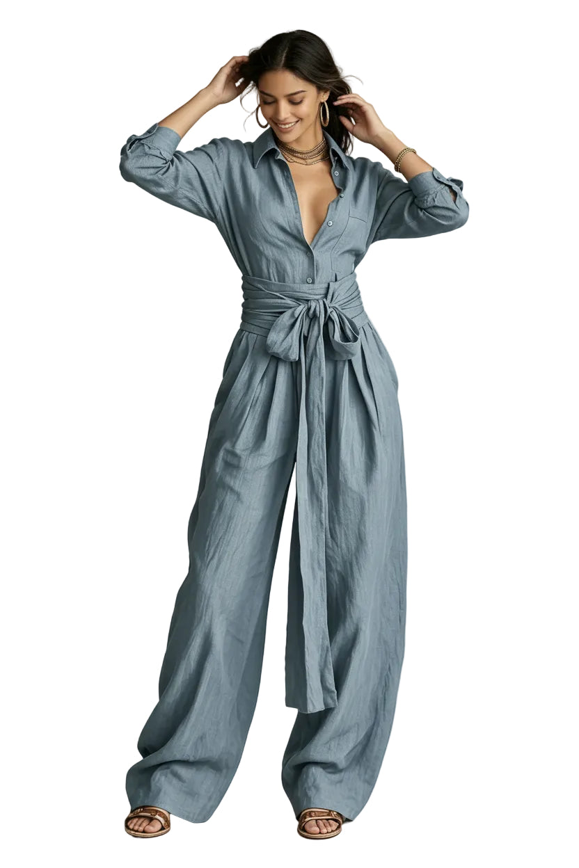 High Waist Short-Sleeve Top & Wide-Leg Pants Set in Light blue
