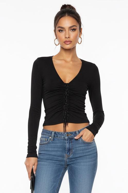 Cross V-Neck Cropped Slim Fit Top