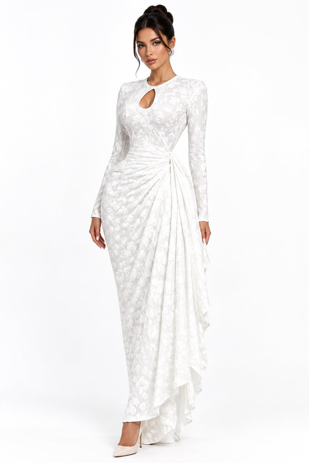 Jacquard Maxi Dress – Long Sleeve Ruched Bodycon with Tie Ribbon