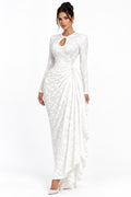 Jacquard Maxi Dress – Long Sleeve Ruched Bodycon with Tie Ribbon