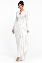 Jacquard Maxi Dress – Long Sleeve Ruched Bodycon with Tie Ribbon