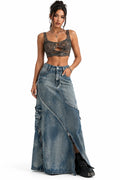 High-Waisted Denim Maxi Skirt with Zipper Slit in Blue