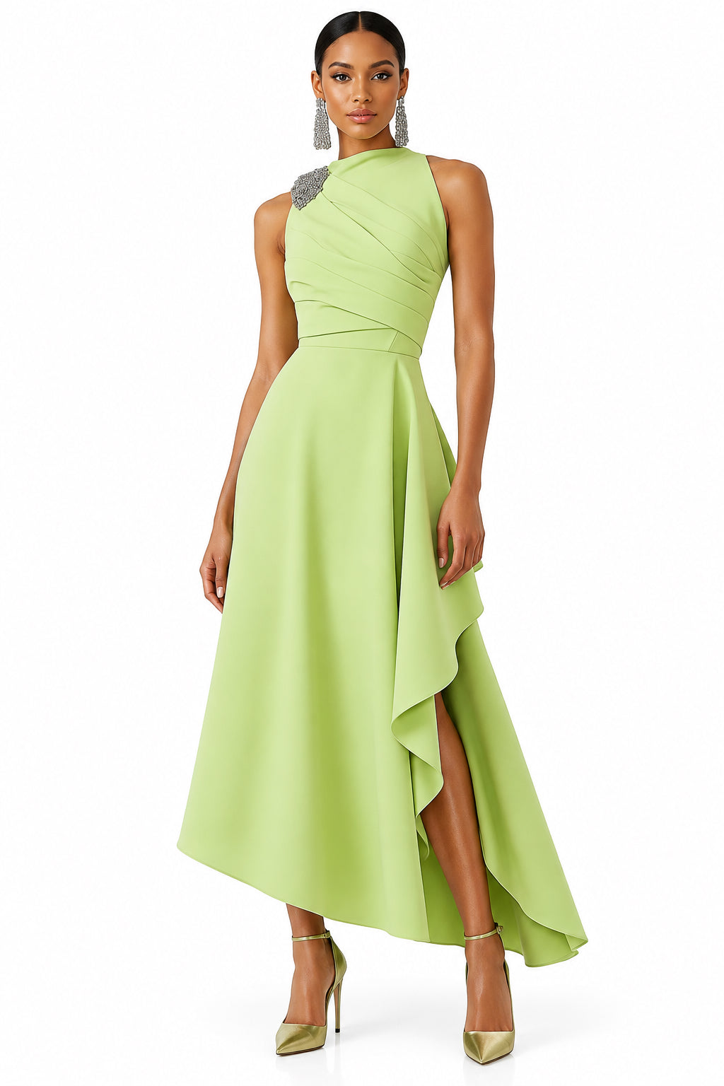 Wedding Guest Party Dress Sage Green Sleeveless Midi Dress