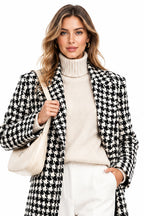 Houndstooth Suit-Collar Extra-Long Coat – Women's Classic Black Trench Coat
