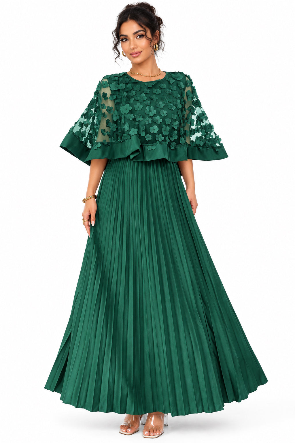 Plus Size Round-Neck Mesh Cape-Spliced Midi Dress – Women's Elegant Business Casual Dress