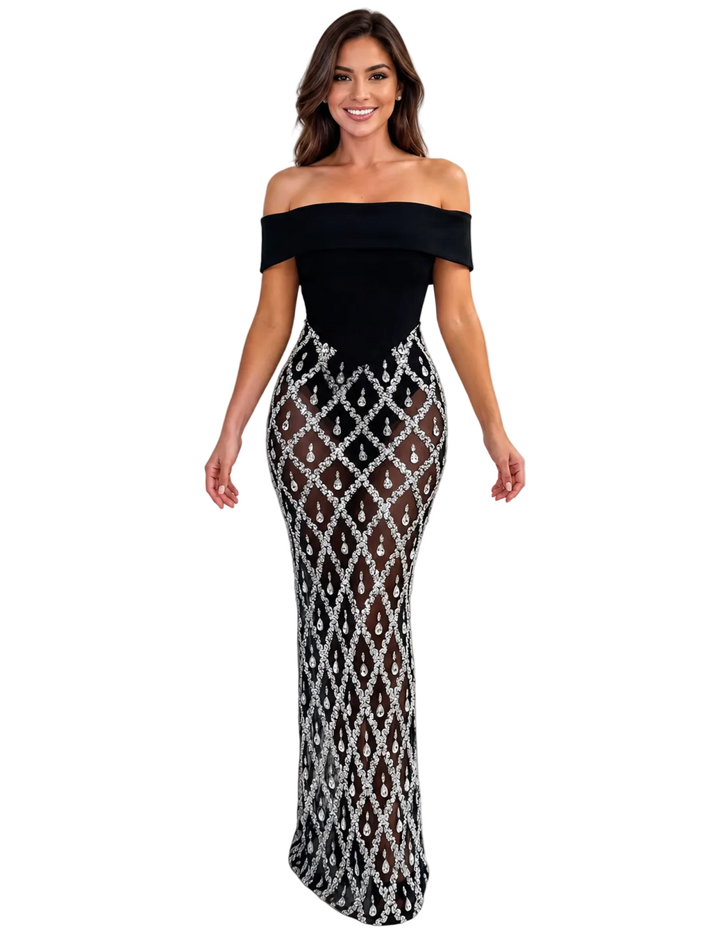 Off-Shoulder Sheer Rhinestone Embellished Maxi Dress in Black