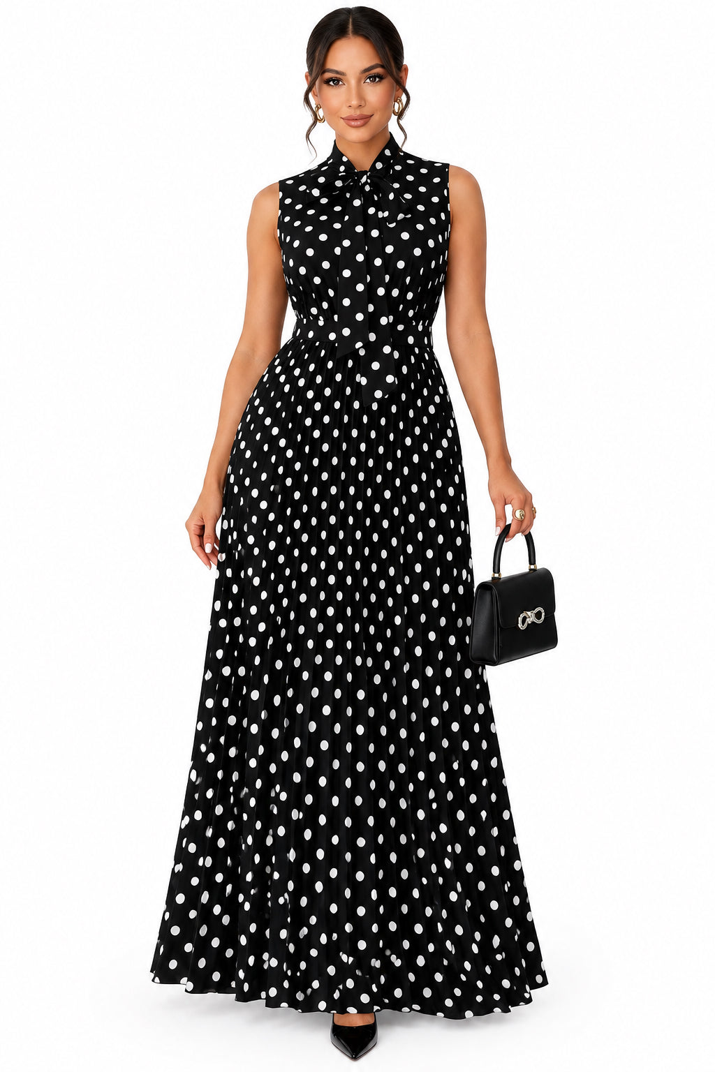Plus Size Polka Dot Sleeveless Tie-Waist A-Line Midi Dress – Women's Elegant Curvy Dress