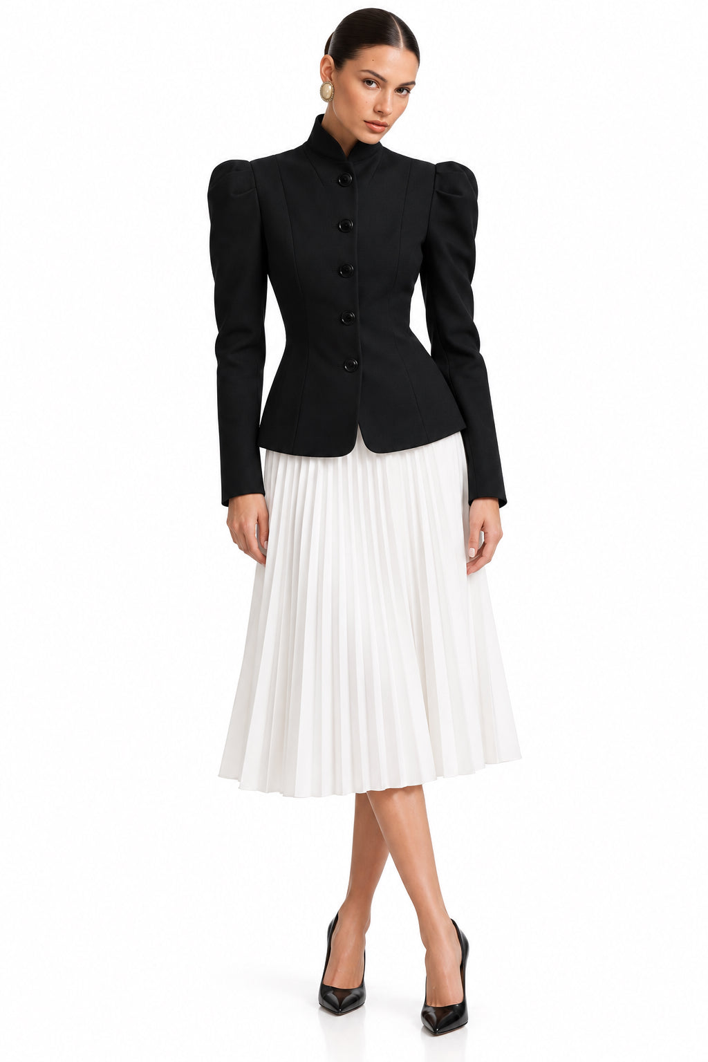 Stand-Collar Bubble Sleeve Button-Front Short Blazer Coat – Women's Elegant Autumn Winter Jacket
