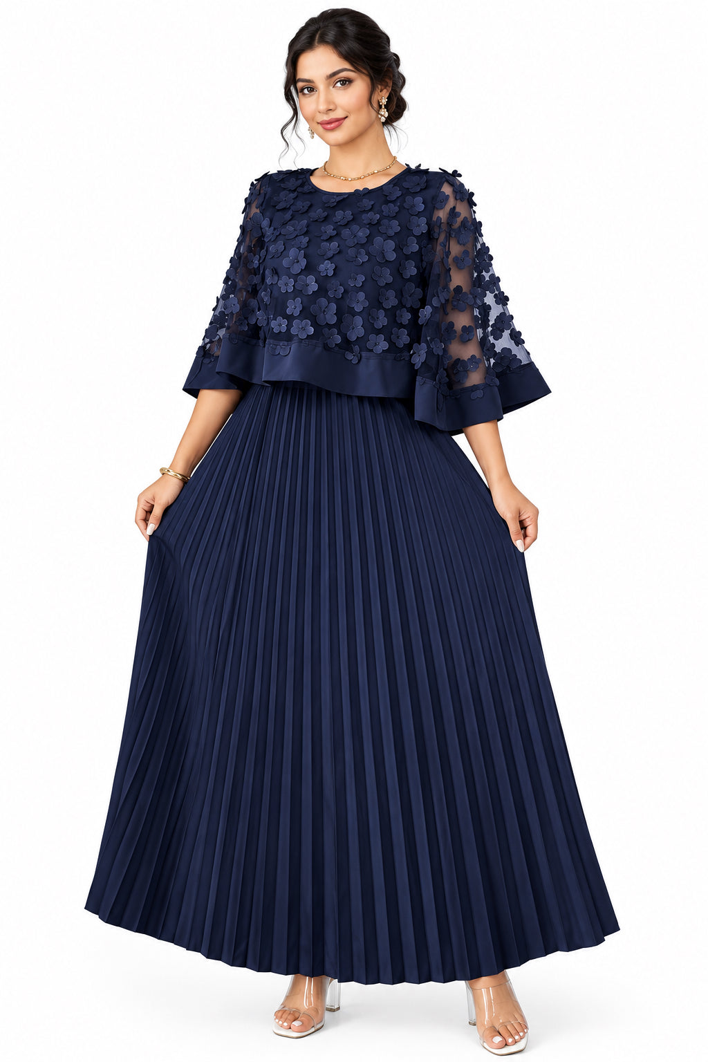 Plus Size Round-Neck Mesh Cape-Spliced Midi Dress – Women's Elegant Business Casual Dress