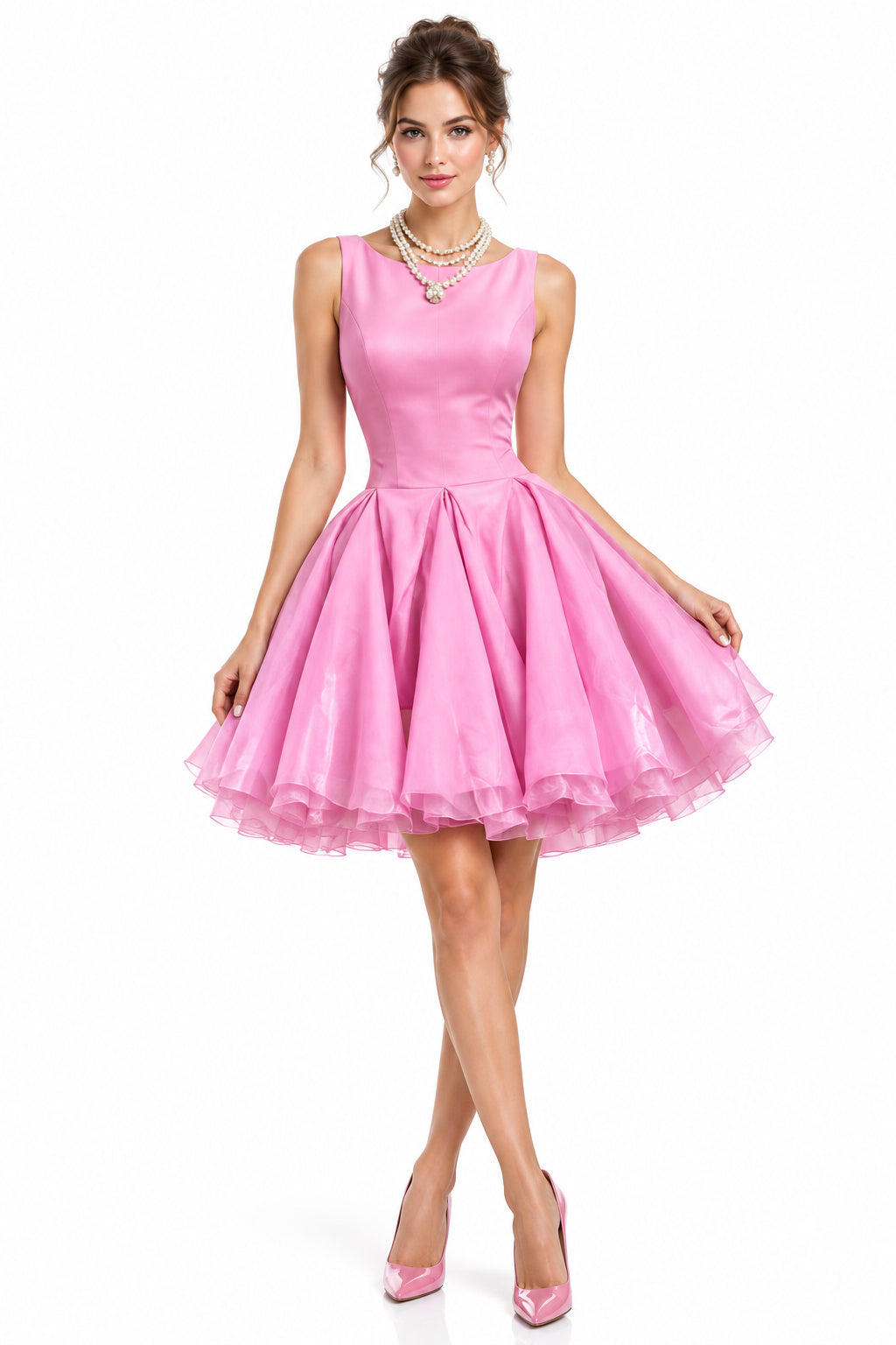 Round Neck Sleeveless Pleated Cut-Out Slim-Fit Mini Dress – Women's Sweet Casual Dress in Pink