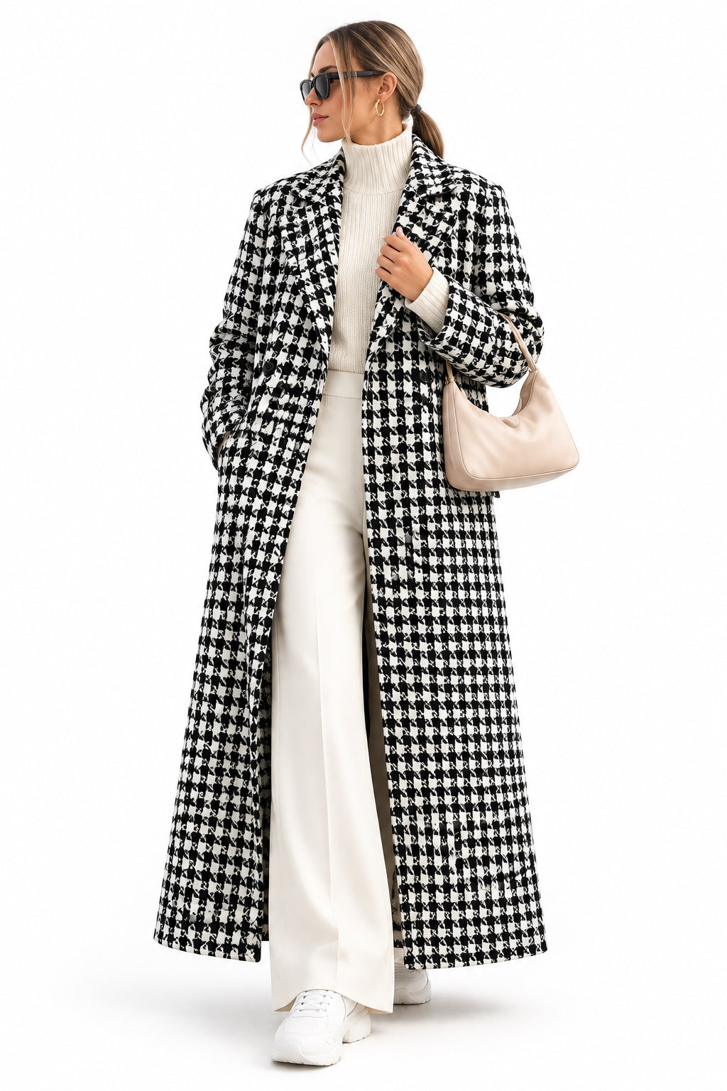Houndstooth Suit-Collar Extra-Long Coat – Women's Classic Black Trench Coat