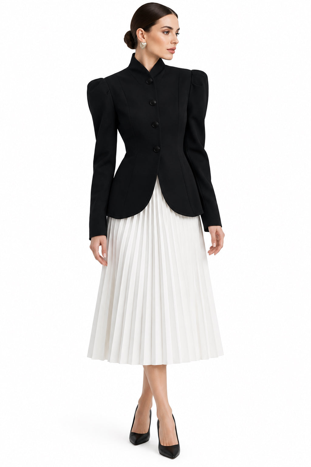 Stand-Collar Bubble Sleeve Button-Front Short Blazer Coat – Women's Elegant Autumn Winter Jacket