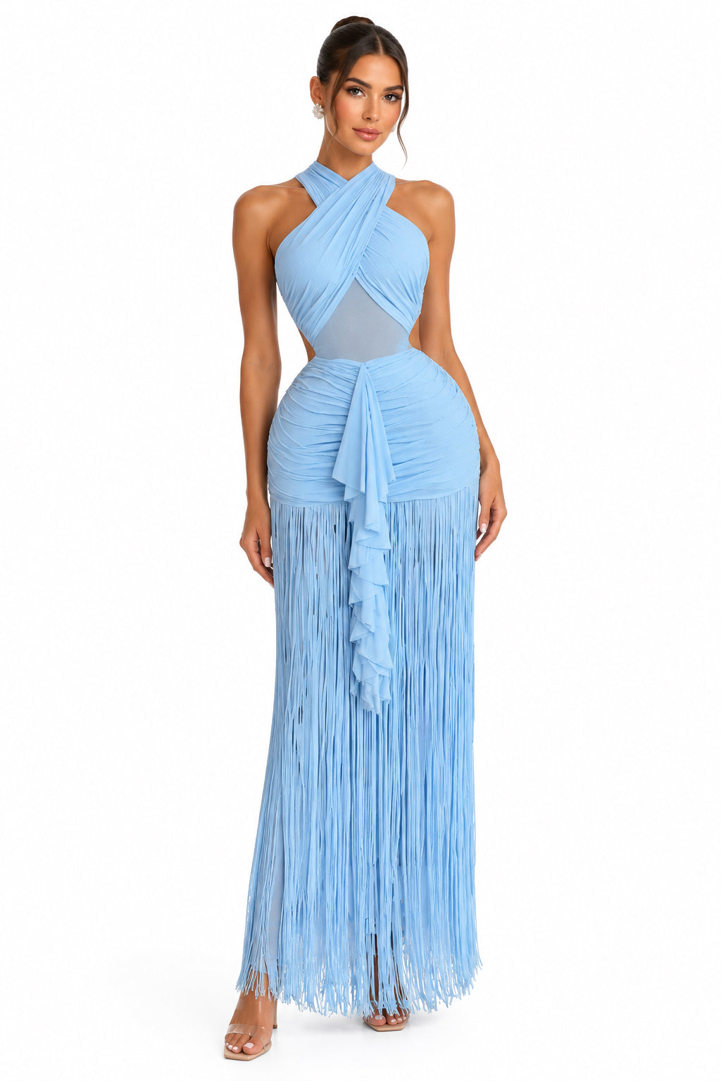 Sleeveless V-Neck Cross-Strap Pleated Tassel Bodycon Maxi Dress – Women's Elegant Evening Dress
