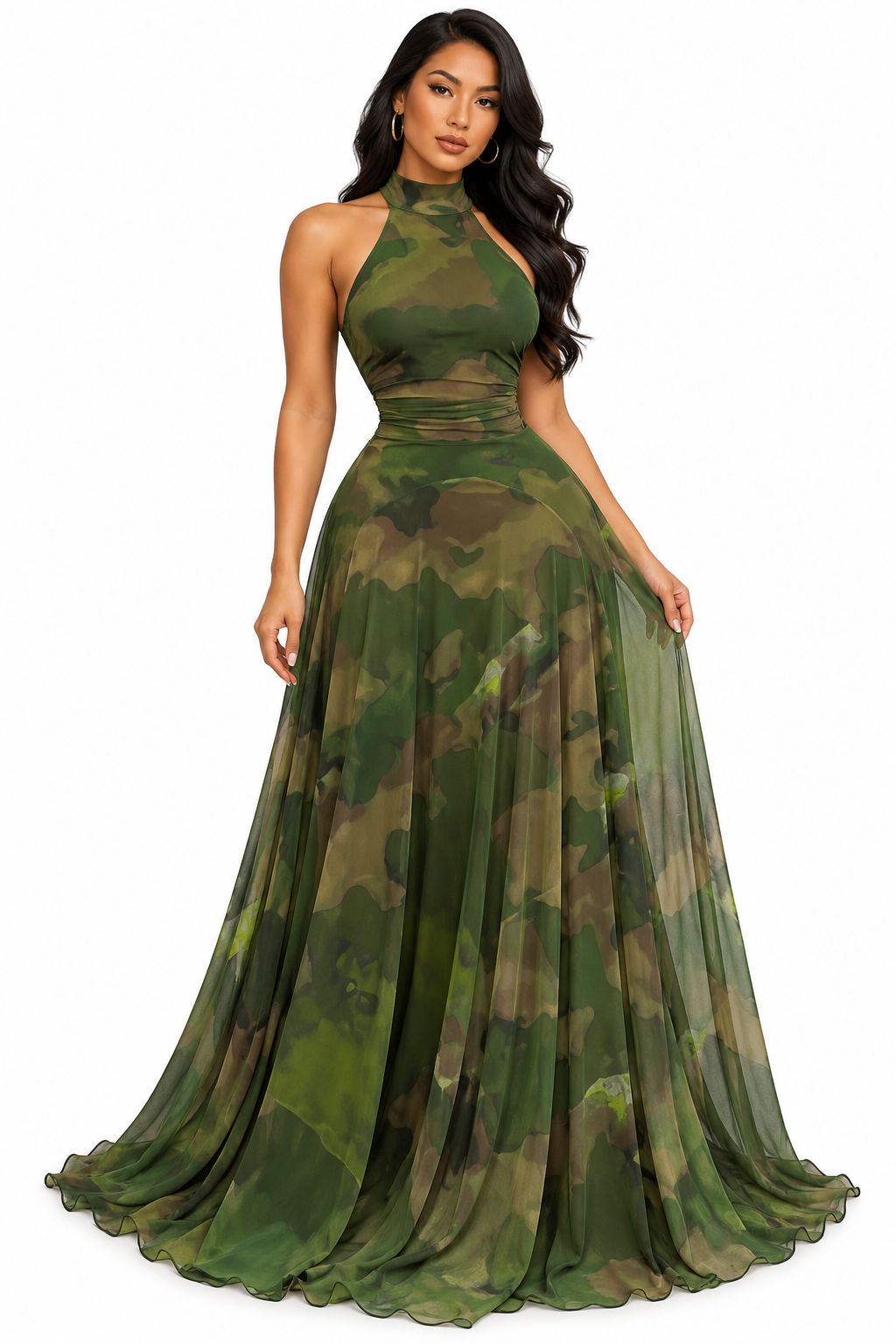Printed Sleeveless Maxi Dress – Tie Waist Ruffle Long Dress