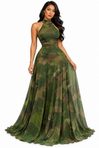 Printed Sleeveless Maxi Dress – Tie Waist Ruffle Long Dress