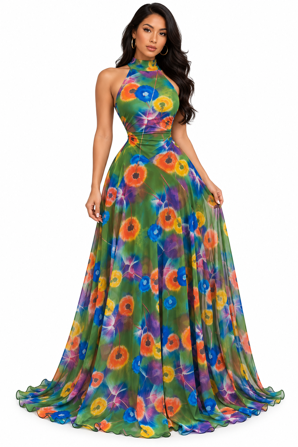 Printed Sleeveless Maxi Dress – Tie Waist Ruffle Long Dress