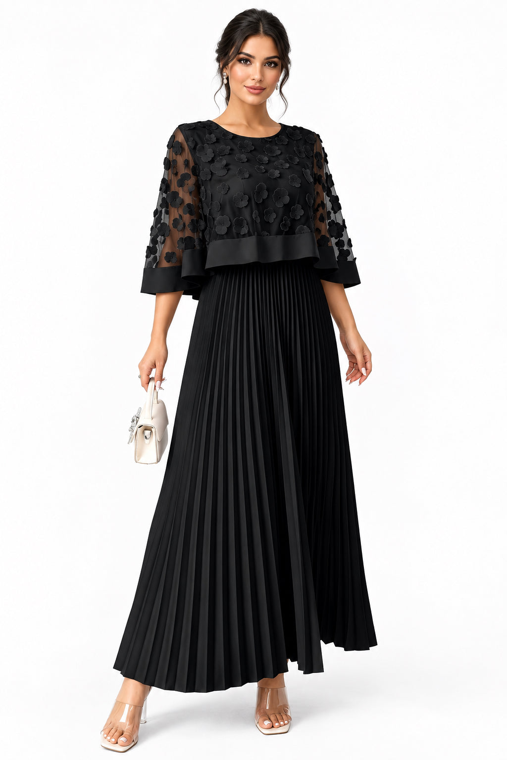 Plus Size Round-Neck Mesh Cape-Spliced Midi Dress – Women's Elegant Business Casual Dress