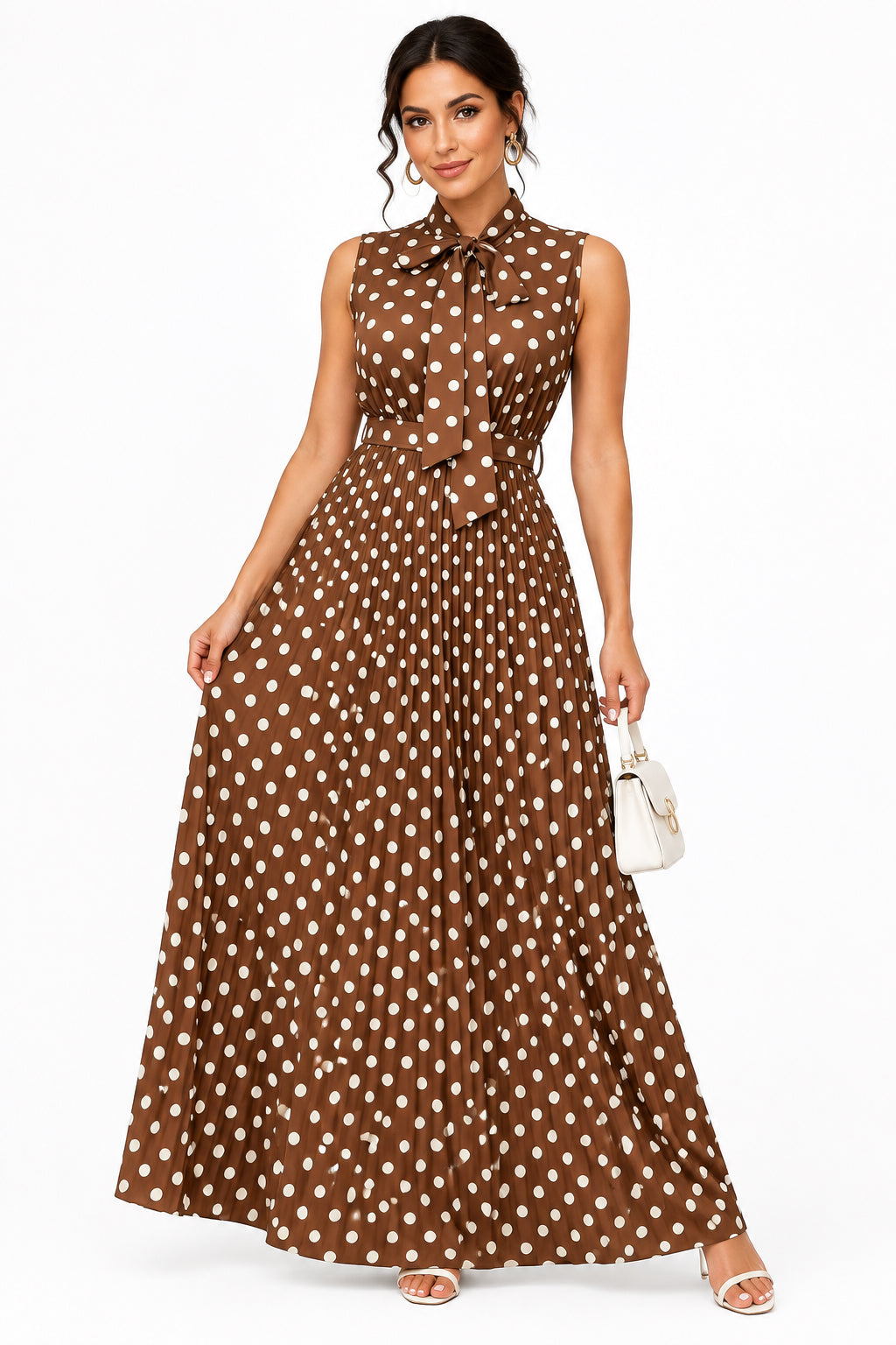 Plus Size Polka Dot Sleeveless Tie-Waist A-Line Midi Dress – Women's Elegant Curvy Dress