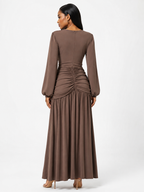 Ruched Long-Sleeve Maxi Dress with Cutout Detail
