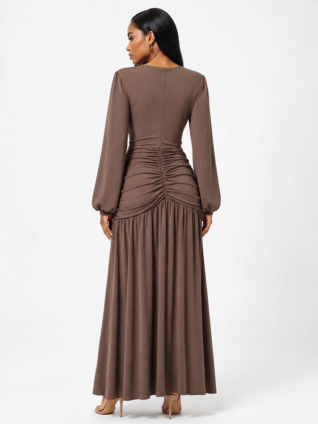 Ruched Long-Sleeve Maxi Dress with Cutout Detail
