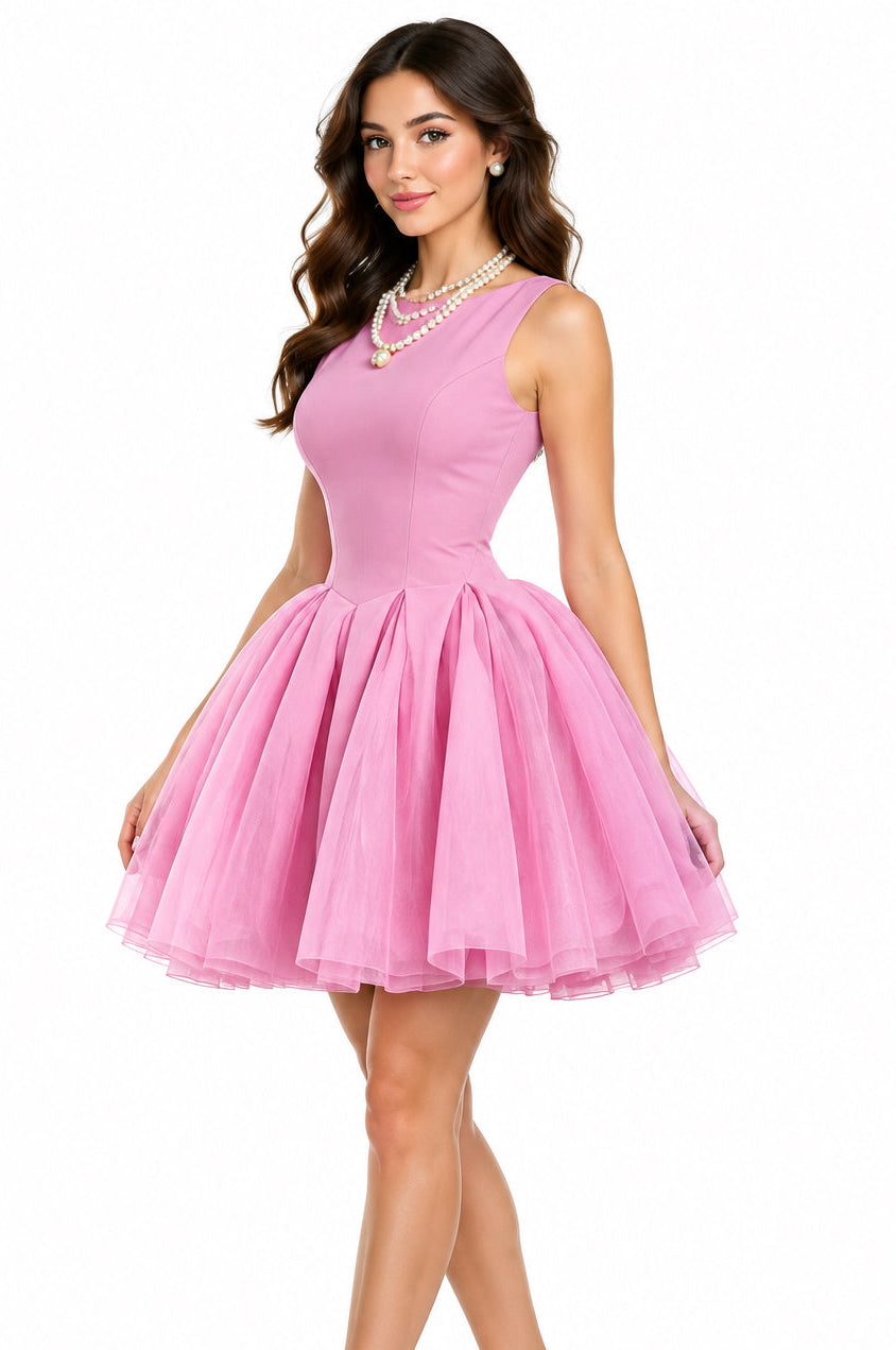 Round Neck Sleeveless Pleated Cut-Out Slim-Fit Mini Dress – Women's Sweet Casual Dress in Pink