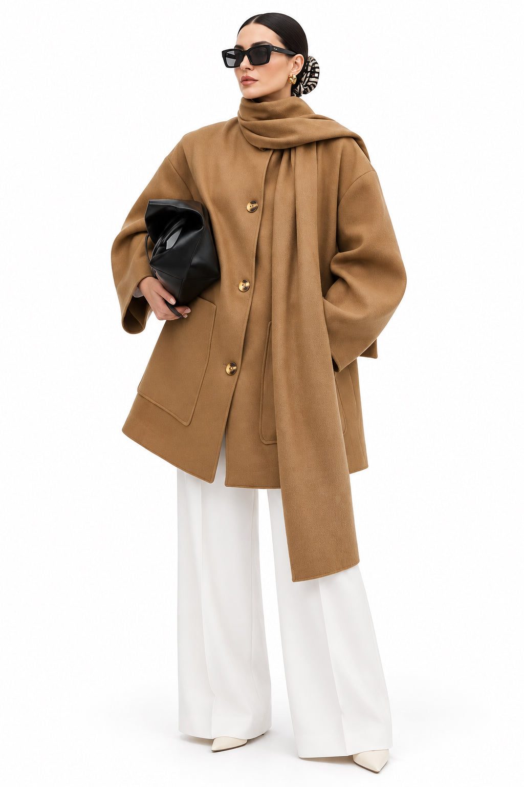 Scarf-Collar Spliced Loose-Fit Mid-Length Coat – Women's Versatile Business Casual Outerwear