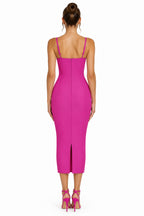 V-Neck Spaghetti Strap Ultra-Low Waist Button Cotton Midi Dress – Women's Sweet Casual Dress in Rose Red