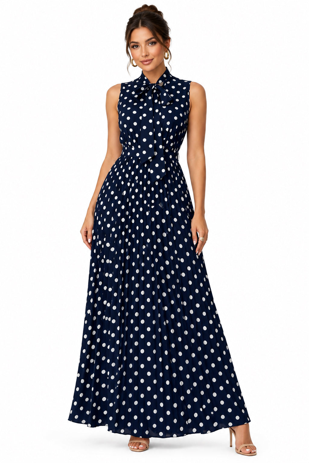 Plus Size Polka Dot Sleeveless Tie-Waist A-Line Midi Dress – Women's Elegant Curvy Dress