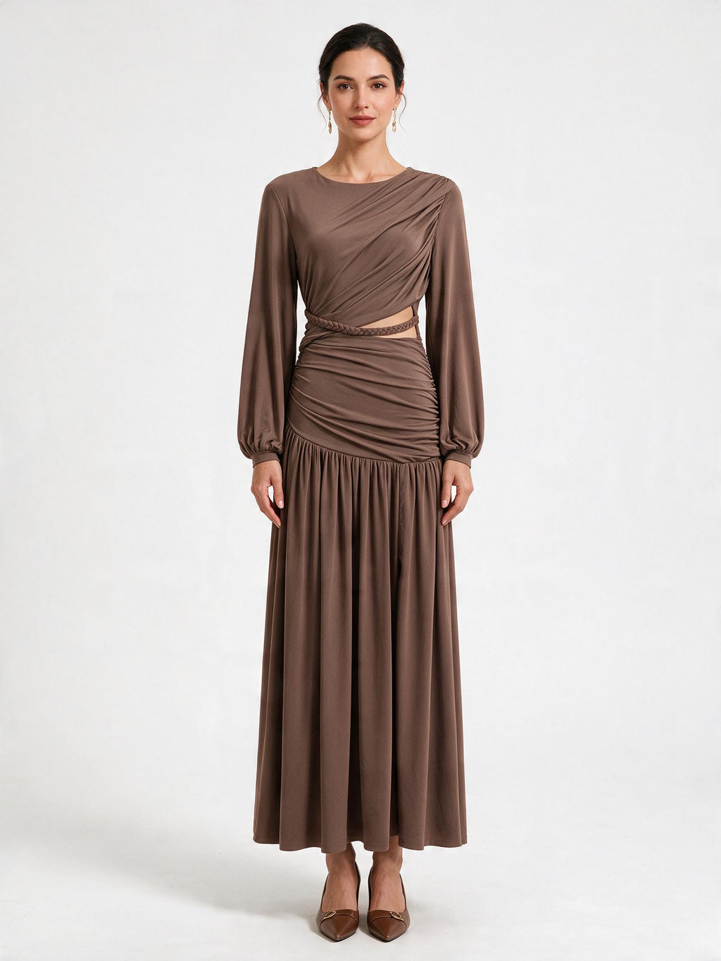 Ruched Long-Sleeve Maxi Dress with Cutout Detail