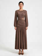 Ruched Long-Sleeve Maxi Dress with Cutout Detail