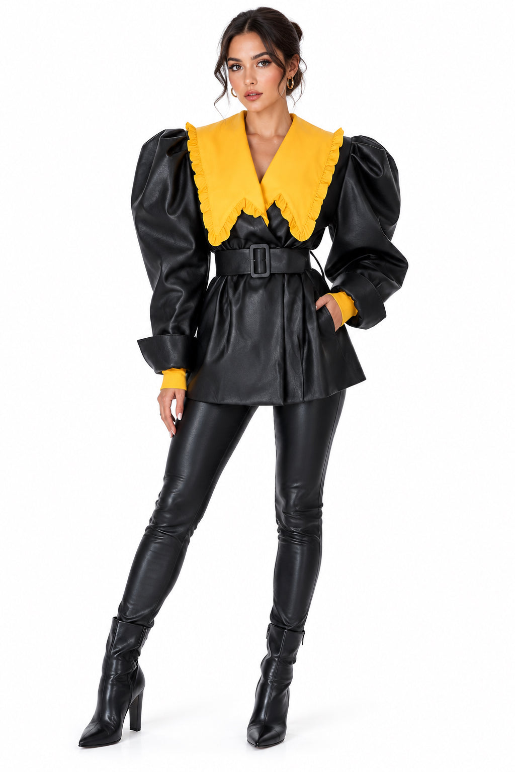 Green PU Leather Puff Sleeve Belted Wrap Jacket – Women's Luxury Statement Coat