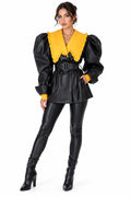 Green PU Leather Puff Sleeve Belted Wrap Jacket – Women's Luxury Statement Coat
