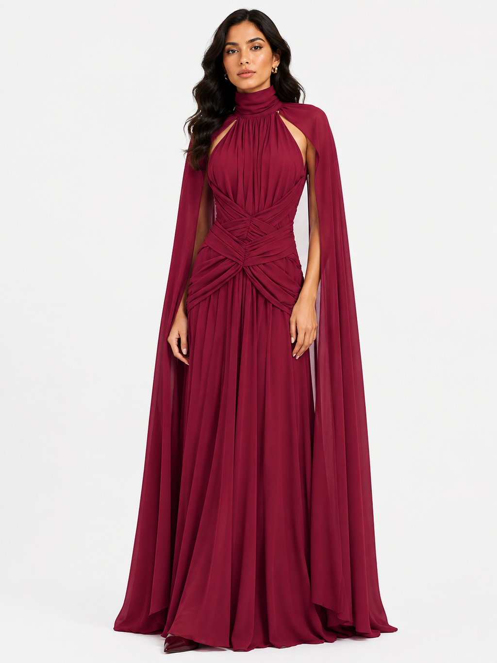 Ruched Halter Neck Cape Maxi Dress
